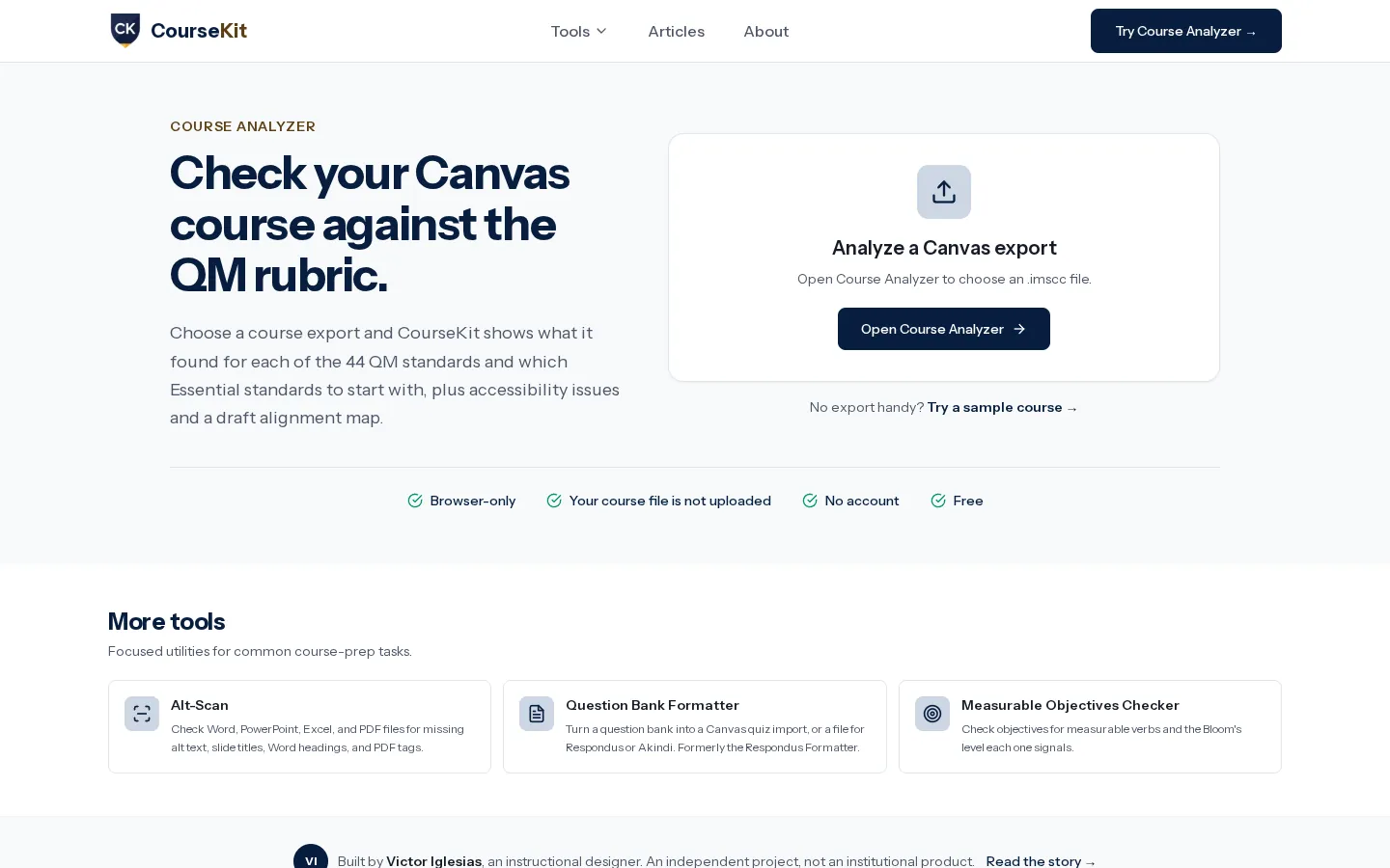CourseKit's home page: check your Canvas course against the QM rubric